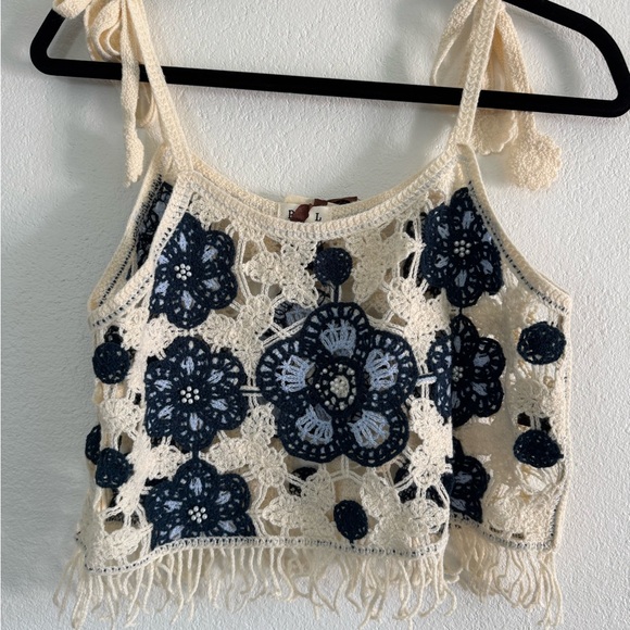 POL Tops - Handmade Crochet Floral Top - Cream and Blue Size S